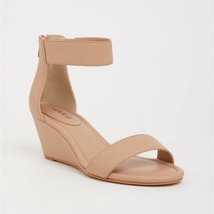Beige Faux Leather Ankle Strap Midi Wedge